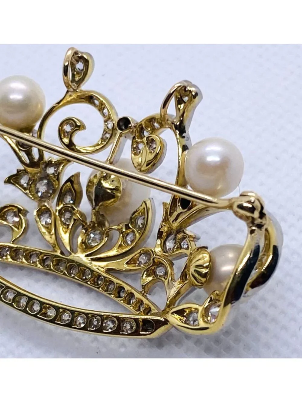Platinum 950 18K Yellow Gold Pearl & Diamond Tiara Brooch